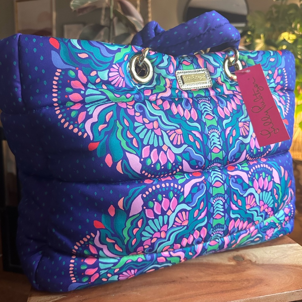 Lilly Pulitzer NWT Baytown Puffer Tote Cabochon Purple Bonita Babe